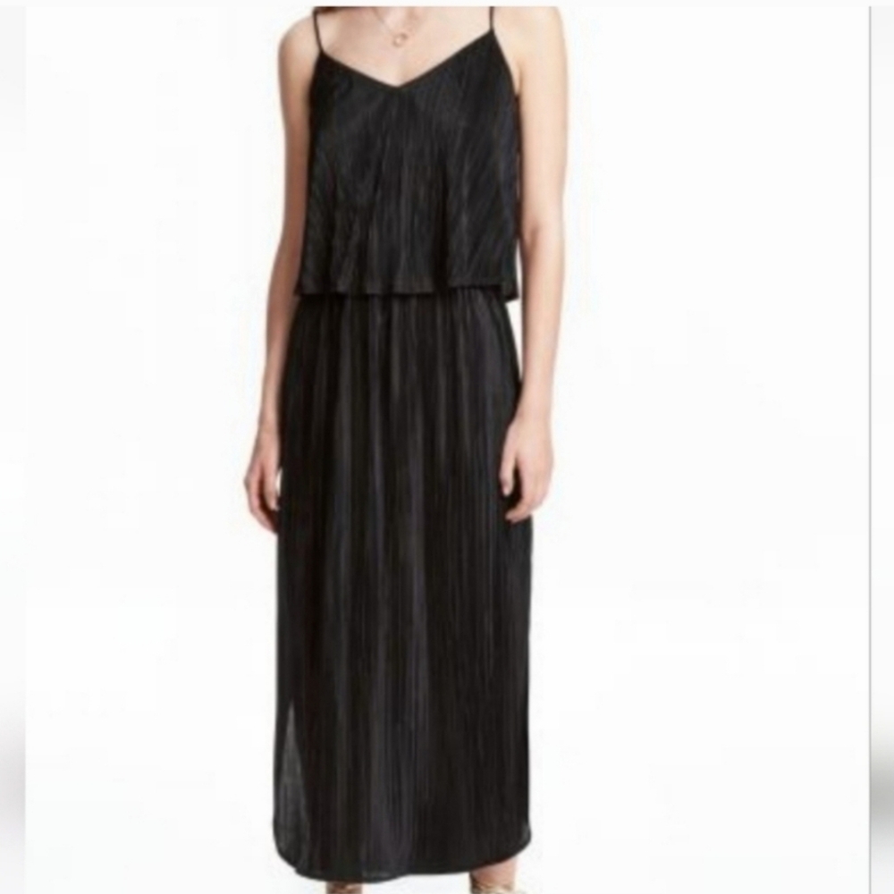 ATTENTION Pleated Flounce Long Spaghetti Strap Black Dress Size Medium